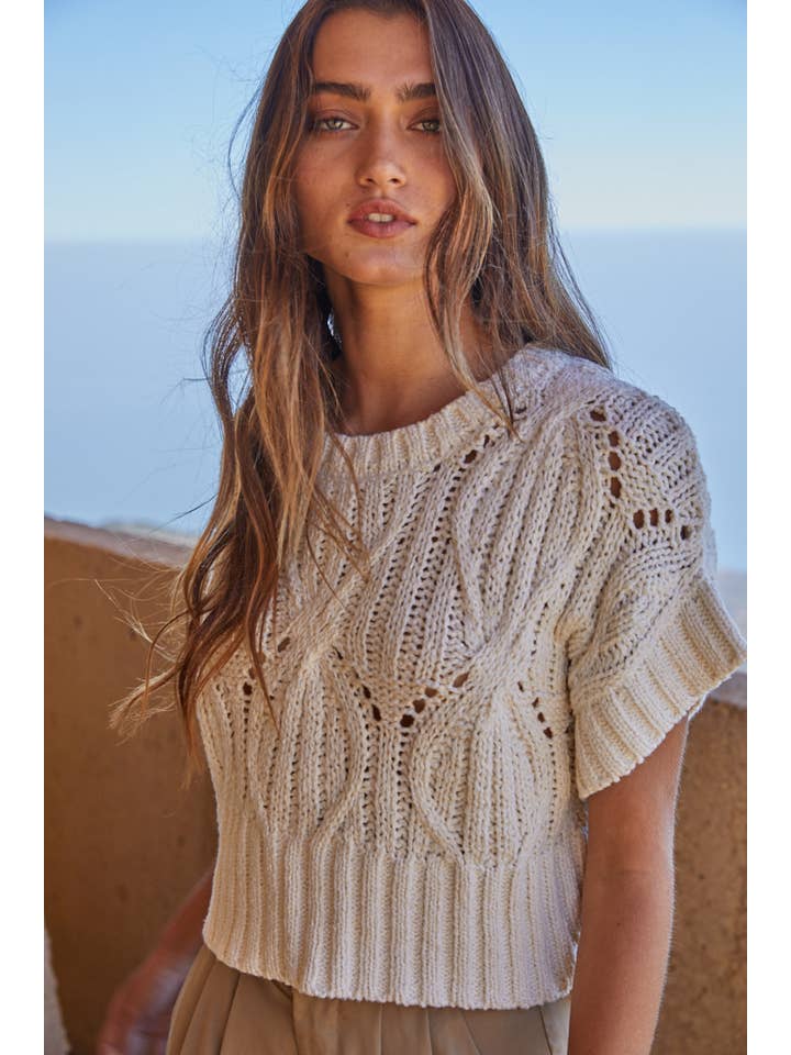 By Together - Wholesale Knit Top - Women's - W1124 | Knit Sweater Crochet Round Neck Short Sleeve Top