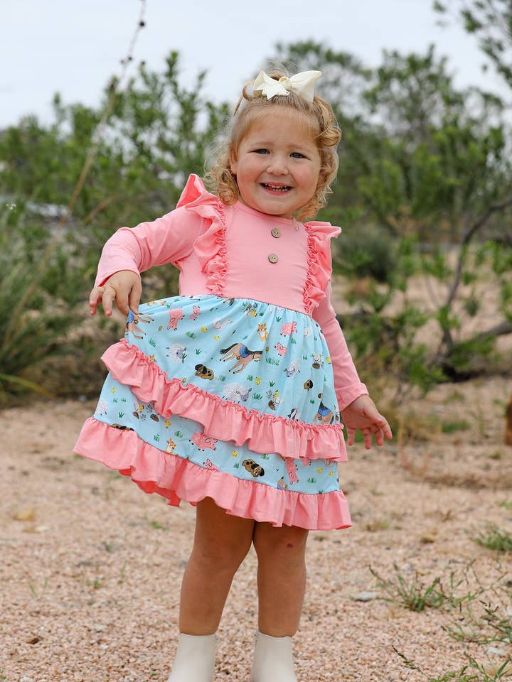 Farm Girl Ruffle Pink Print Dress for wholesale by Rylee Faith Designs