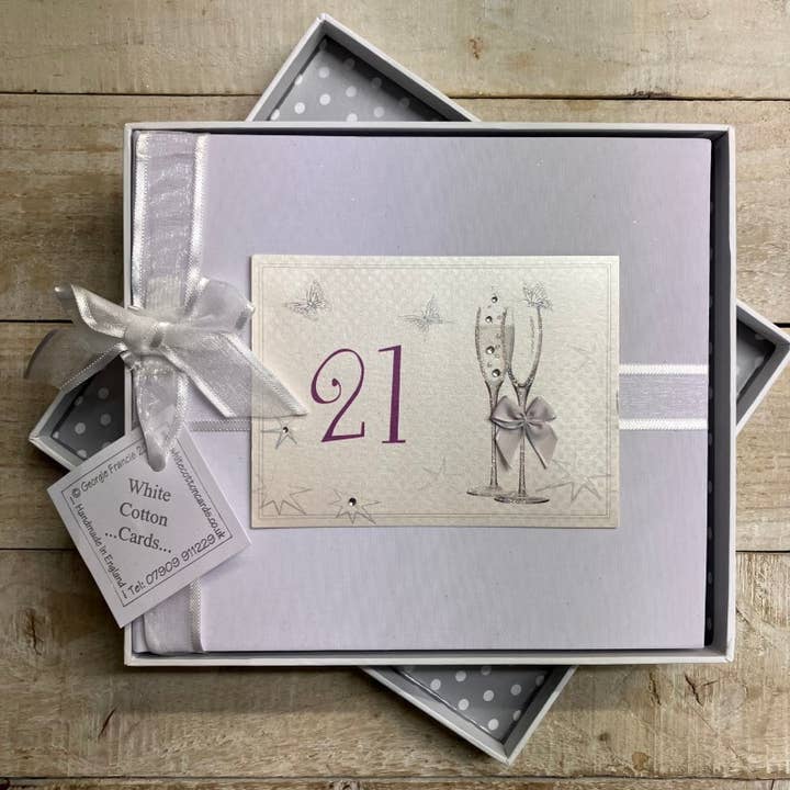 White Cotton Cards - Wholesale Photo Album - Birthday Gifts - Silver Flutes with Purple (FLB)