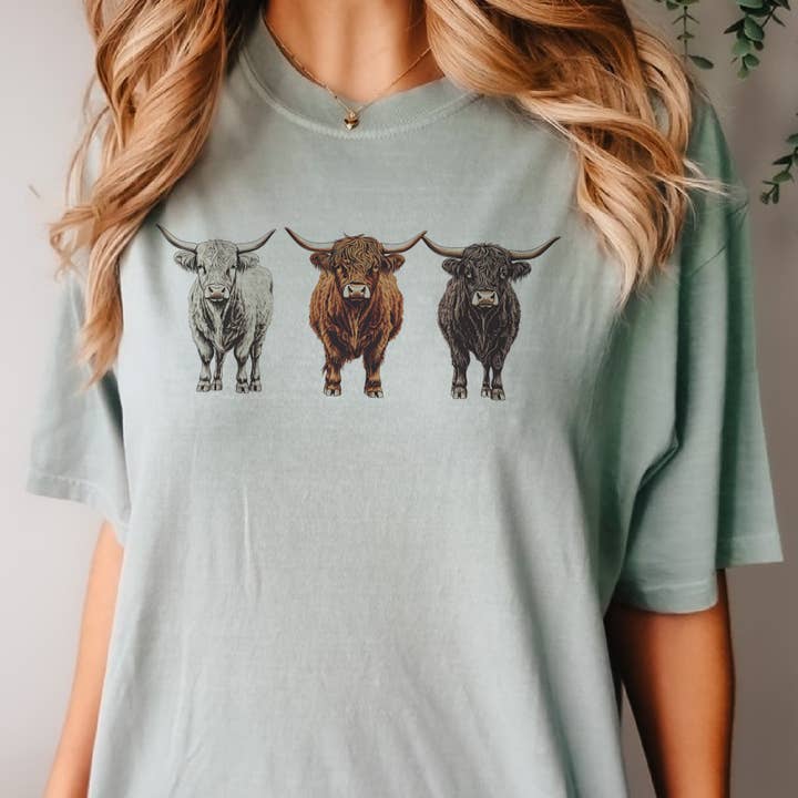 Western Steer Trio Country Bull Cow Graphic Tee for wholesale by Par.tees by Party On!