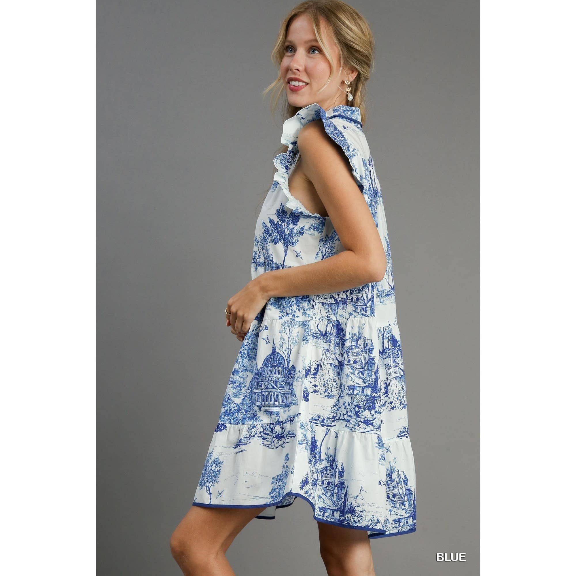 BNS - Vente Robe – femme - Robe à manches volantées à imprimé paysage avec passepoil6