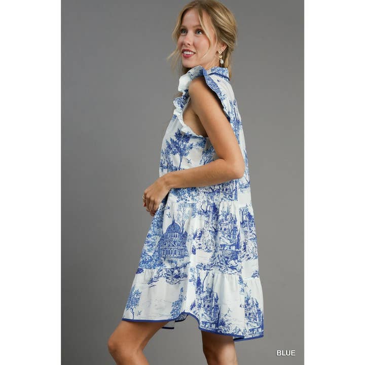 BNS - Vente Robe – femme - Robe à manches volantées à imprimé paysage avec passepoil6