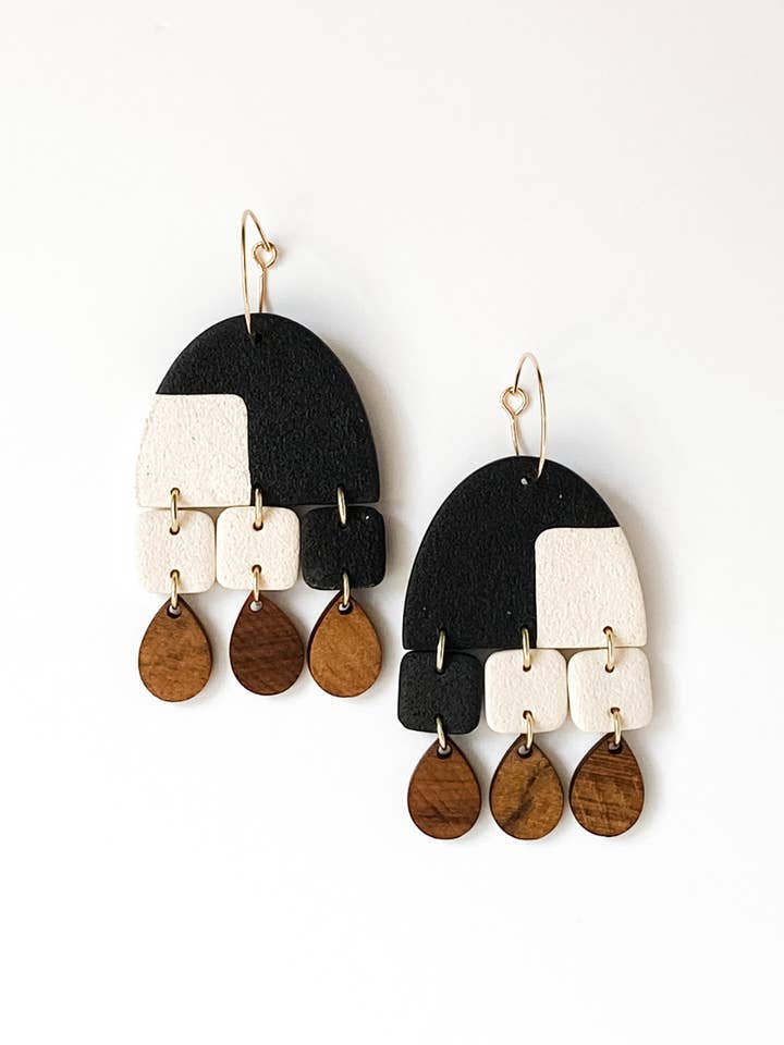 The Paige | Black & White Mod | Polymer Clay & Wood Earrings for wholesale by Aves + Brit | Handmade Midwest Modern Jewelry