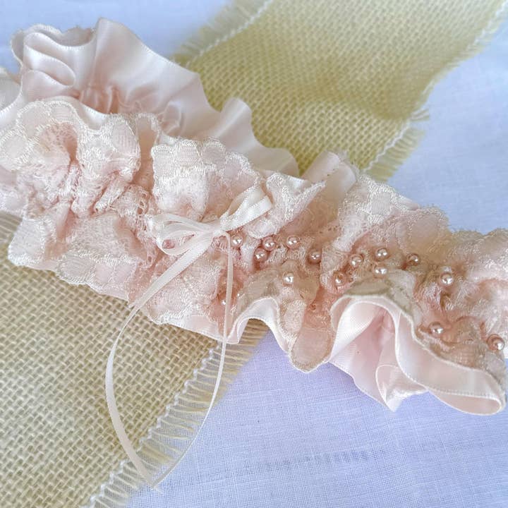Simply Charming - Wholesale Garter belt – Women's - Blush Satin, Lace, and Pearl Garter0