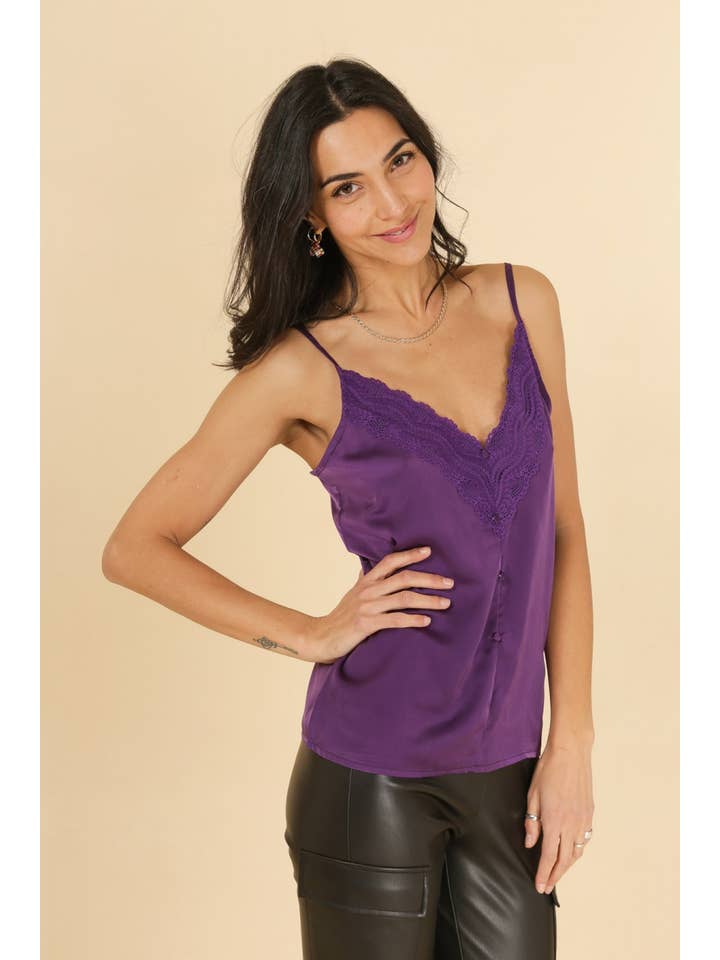 Calie Paris - Vendita all'ingrosso Canotta - Donna - Camisole Celeste in satin con inserto e scollo in pizzo18