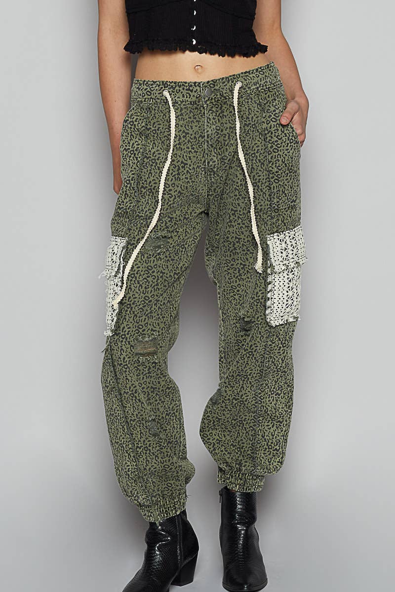 Pol Clothing - Wholesale Jeans - Women's - Tie waistband contrast crochet cargo pockets denim joggers23