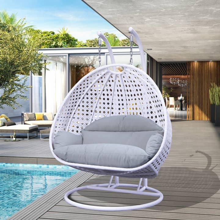 Modern White Wicker Hanging Double Seater Egg Swing Chair for wholesale by LeisureMod