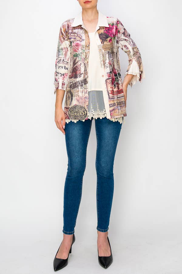 Lightweight Sequin and Lace Detailed Button-Up Blouse - 4718 BG/ROSE WEST for wholesale on Faire1