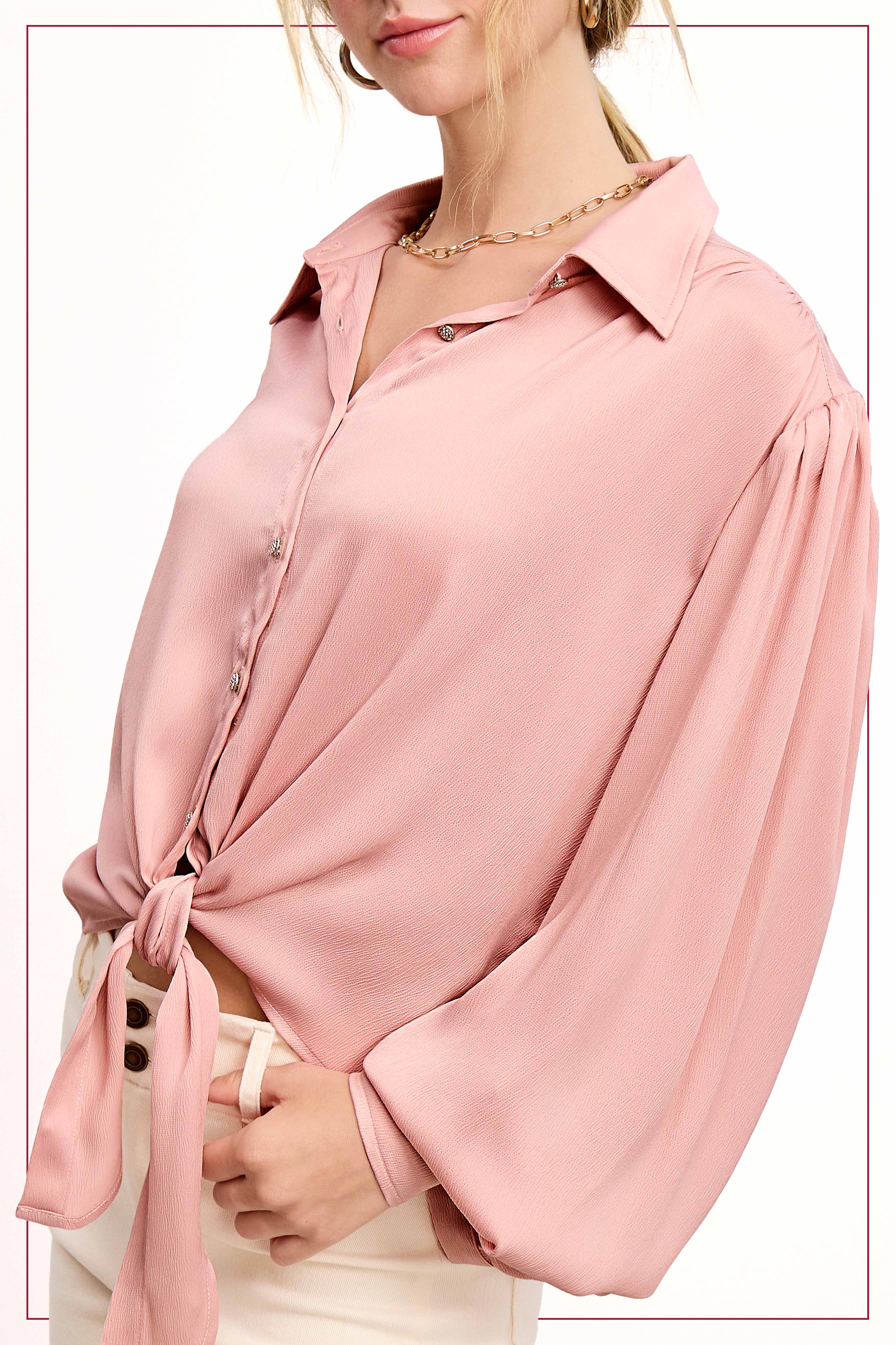 La Miel - Wholesale Button Down Shirt - Women's - SRT7806-Flowy Button Down Balloon Sleeve Tie-Front Shirt20