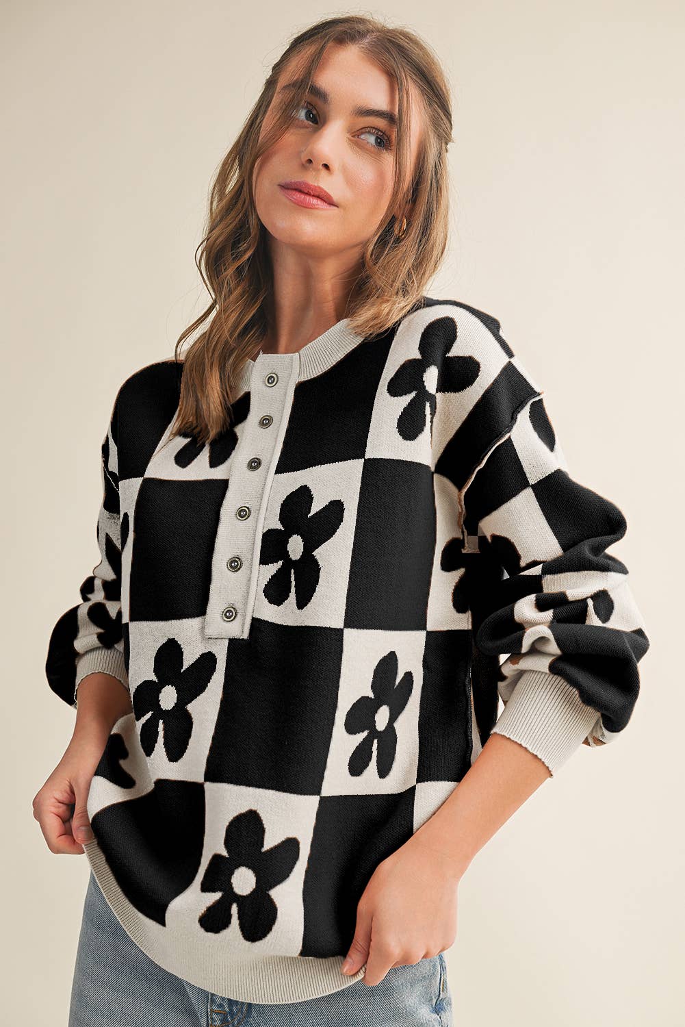 Aapparella - Vente Pull en maille – femme - Cardigan à boutons avec blocs de couleur à carreaux et fleurs | S-XL11