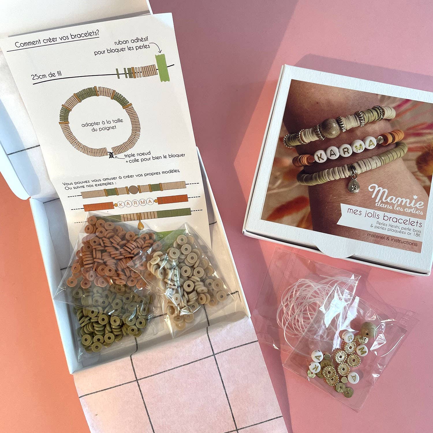 Mamie dans les orties – Joias DIY - Crianças por atacado – Kit para Fazer 3 Pulseiras Karma com Miçangas Heishi1