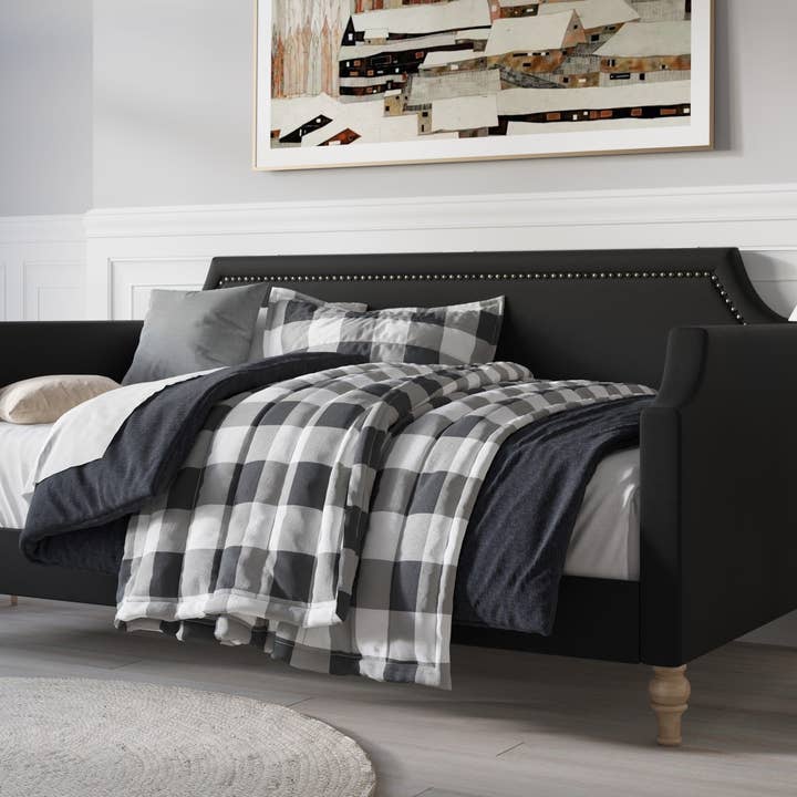 Home Design - Wholesale Day Bed - Pita Upholstered Twin Daybed with Nailhead Trim and Scooped Silhouette, Gray – Adult Living Room, Guest Room, or Bedroom, Easy Assembly1