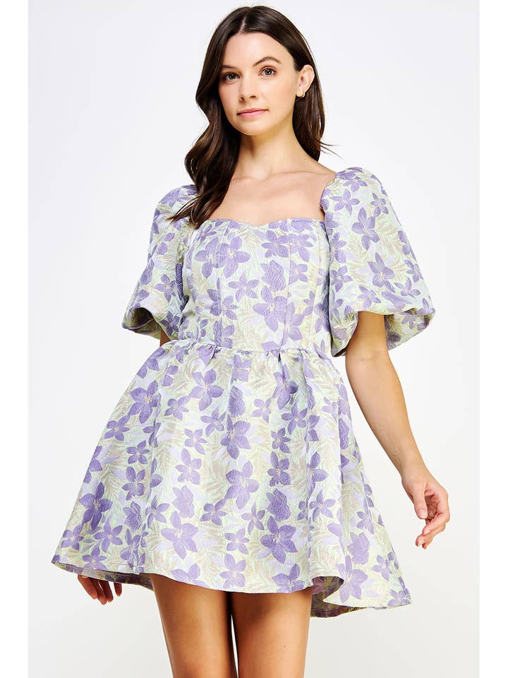 Balloon Short Sleeve Floral Jacquard Mini Dress for wholesale by Strut & Bolt