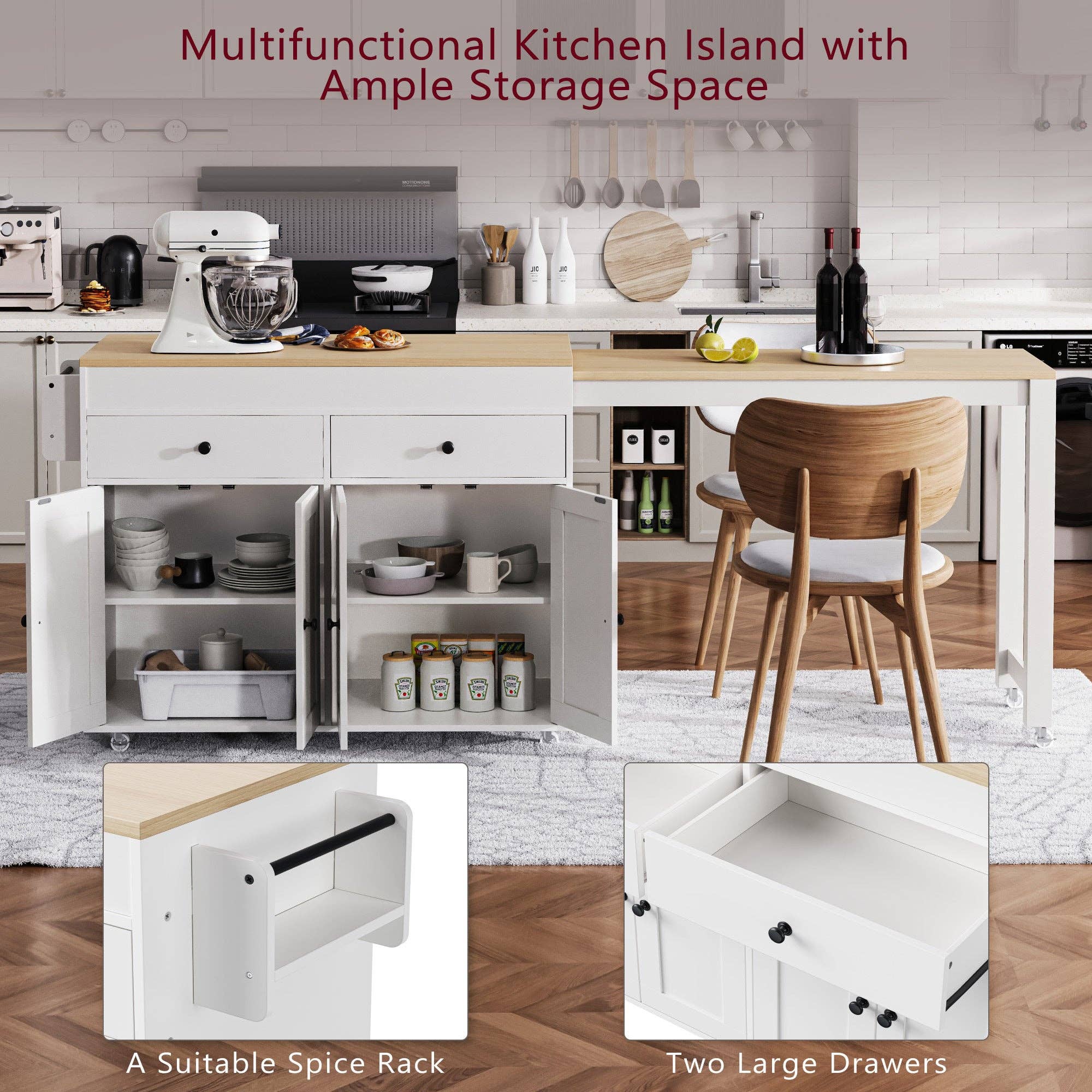 HOMYCASA DESIGN INC - Wholesale Kitchen Storage/Organizer - K&K 74.5 inch Kitchen Island with Extendable Dining Table , Rolling Kitchen Island on Wheels with Spice Rack and 2 Drawers,  Kitchen Storage Cart with 4 Door Cabinet, for Kitchen, Dining Room, White5