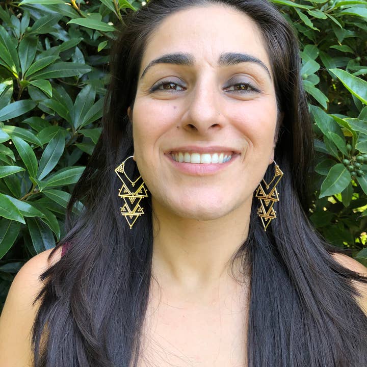 JAYA MOKSHA - Wholesale Dangle Earrings - Brass Tribal Boho Chandelier Earrings / Gold Triangle Hoops 4