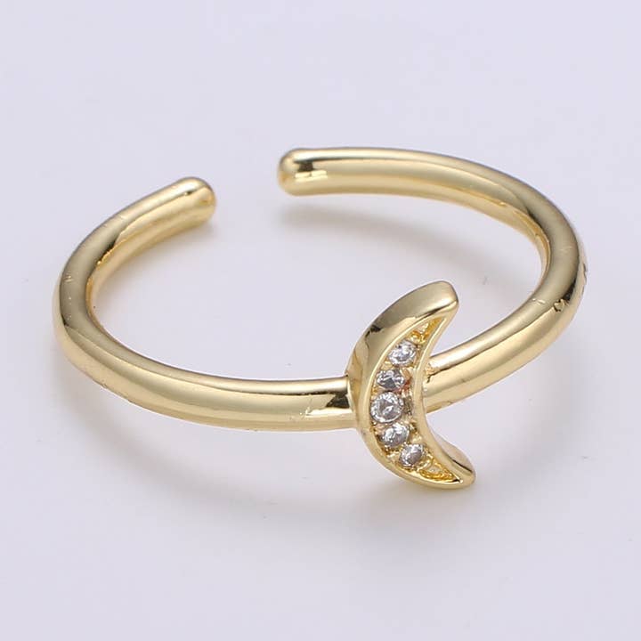 1pc Cresent Moon CZ 24k Gold Ring, Moon Cubic Pave Adjustable Gold Curb Ring, Simple Ring, Clear Cubic Zirconia R316 for wholesale by Aim Eternal