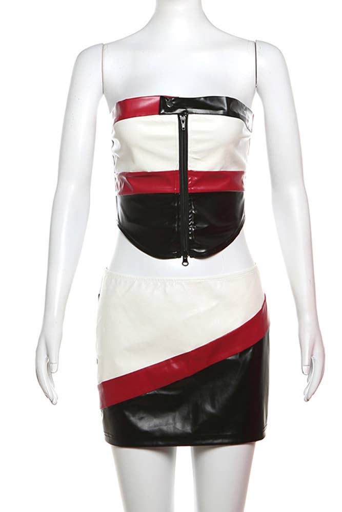 Red PU Leather Zipper Colorblock 2PCS Short Set ZK1580 for wholesale on Faire2