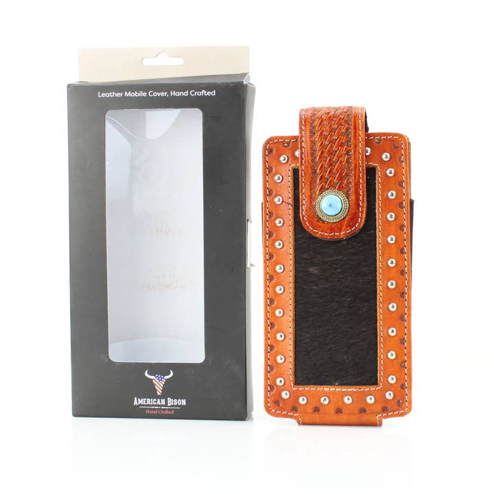 Leather Impressions Inc - Wholesale Phone Case - Unisex - Hair on Hide Belt Phone Case w/ Turquoise Flap Over Closure