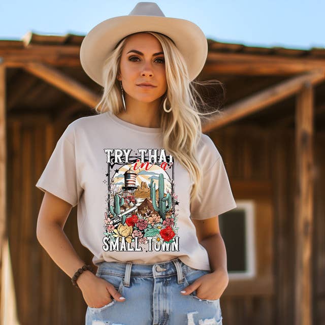 Try That In A Small Town Western DTF Heat Transfer for wholesale by Trendy Transfers