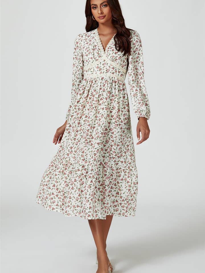 Vestido Midi de Manga Comprida com Estampa Floral em Branco por atacado de FS Collection (Germany)