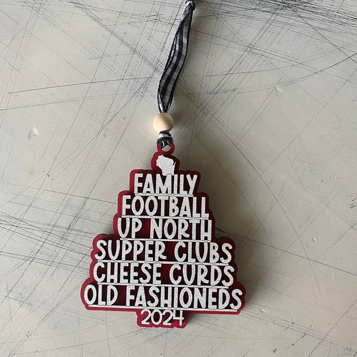 Novotny Designs - Wholesale Ornament - Wisconsin tree-shaped favorite things ornament - red