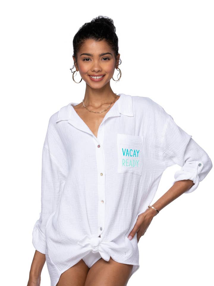 Robe chemise mini en gaze de coton Good Vibes _ Broderie prête pour les vacances pour la vente par Golden Sun