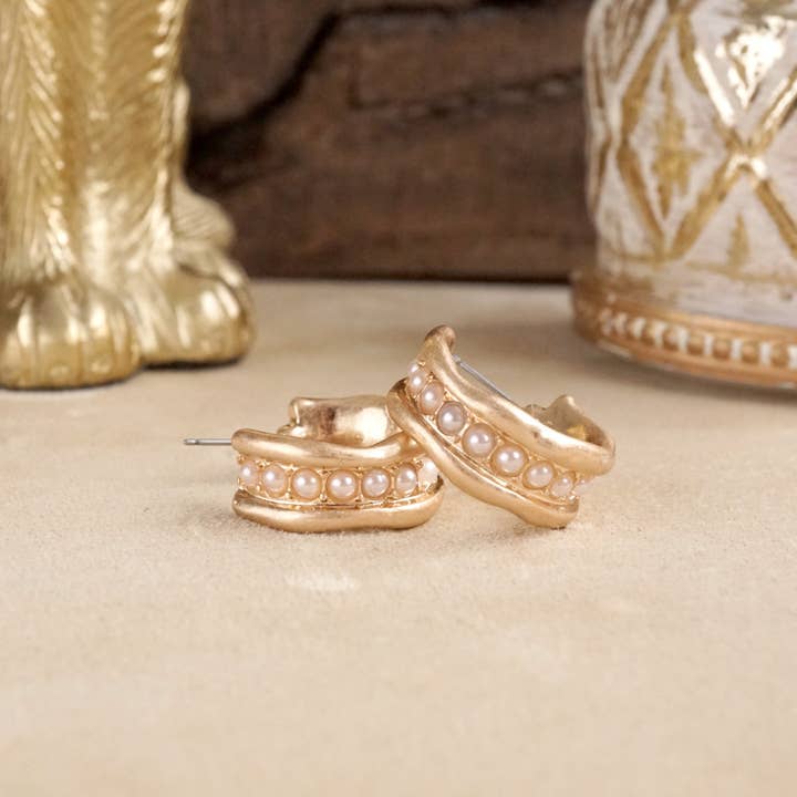 PennyLine inc - Wholesale Hoop Earrings - Minimalist Hoops with Faux Pearls or Turquoise – Brushed Gold