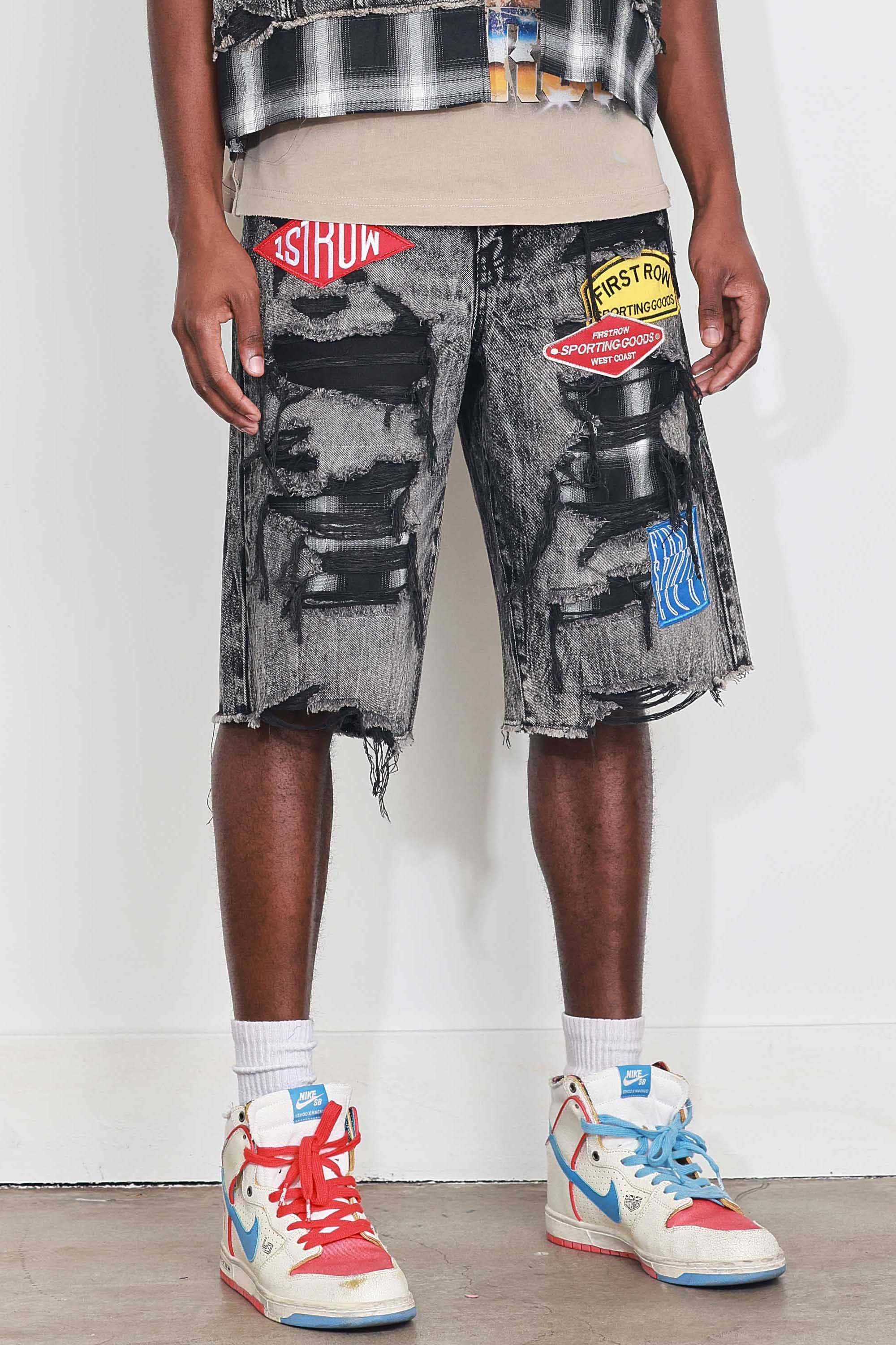 Black Stone PATCHES CUT OFF PLAID DENIM JORTS for wholesale on Faire5
