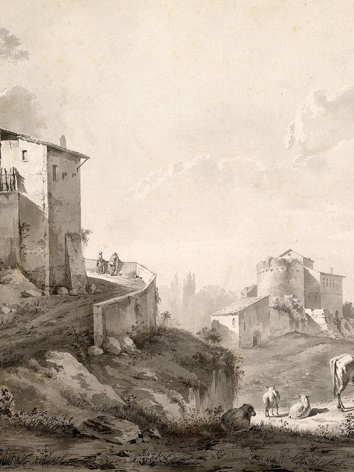 Un paisaje iluminado por el sol con casas en lo alto de una colina para venta al por mayor de Keep Calm Collection