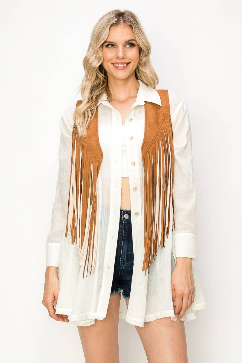WISTERIA LANE - Wholesale Outerwear Vest - Women's - BOHO WESTERN 2TONE FRINGED SUEDE VEST -  6408 2