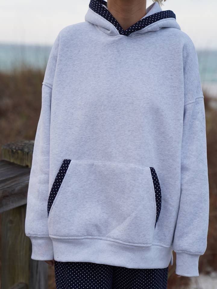 Sunkissed Coconut - Wholesale Hoodie - Women's - Pearl Grey Navy Blue Polka Dot Hoodie0