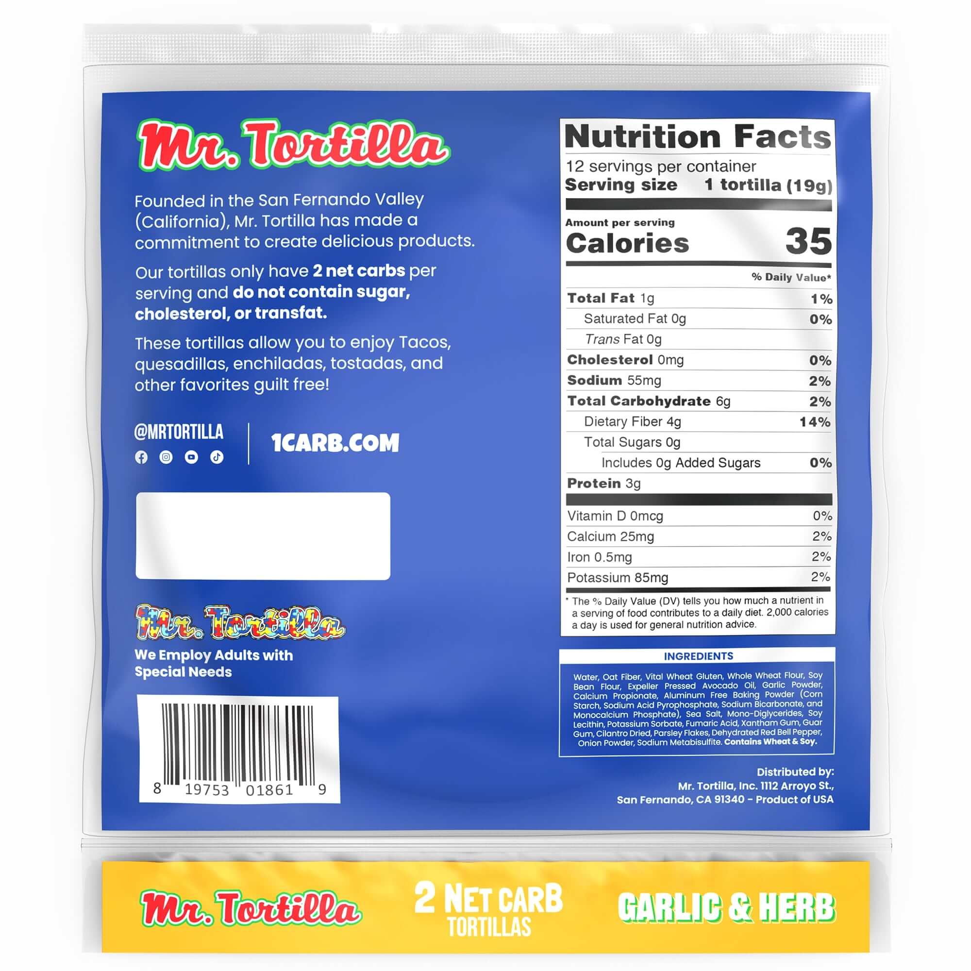 Mr. Tortilla – wholesale Bread/tortilla – 2 Net Carb Tortillas - 32 Bags per Box4