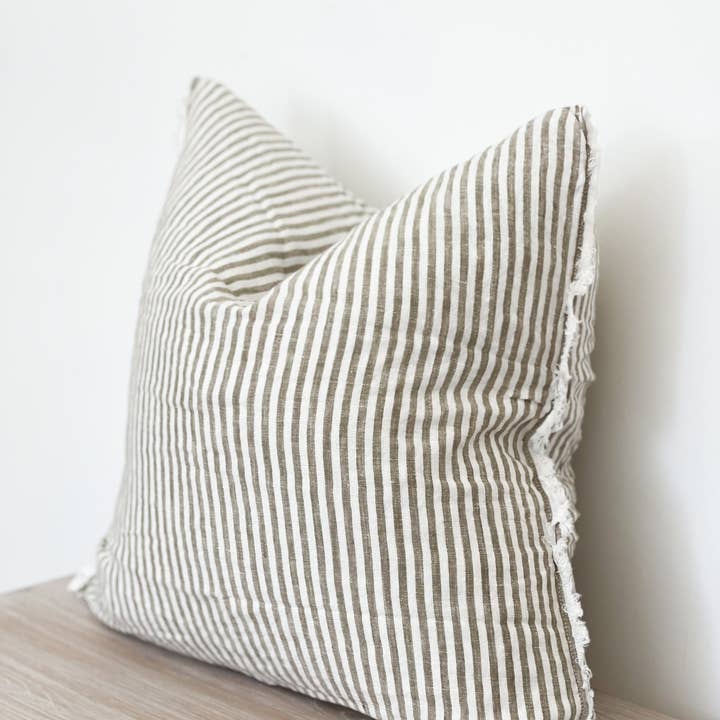 Ellenvale Trade - Wholesale Throw Pillow Cover - Esmee Linen Cushion Cover – Frayed Edge Olive Stripe