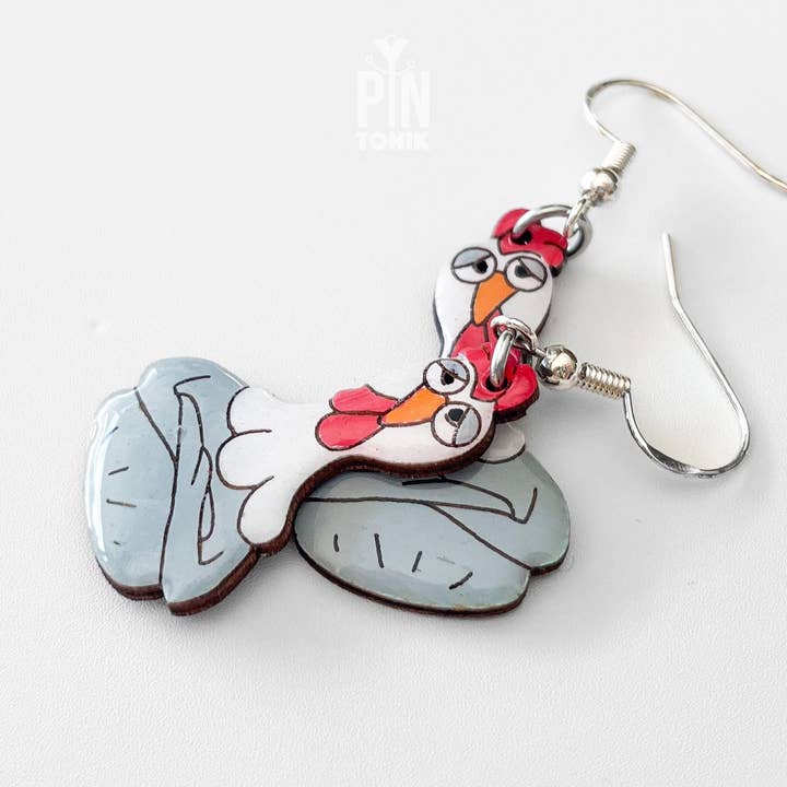 PinTonik - Wholesale Dangle Earrings - Chicken Hen Dangle Earrings in Wood and Sterling Silver3
