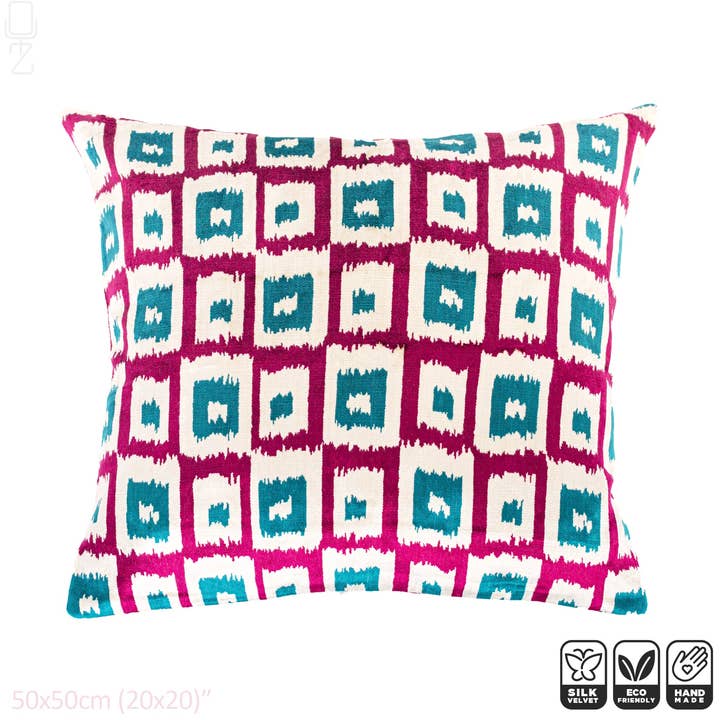 Ikat Velvet Kuddfodral med Fuchsia Rosa & Turkosblå för wholesale av OyzShop