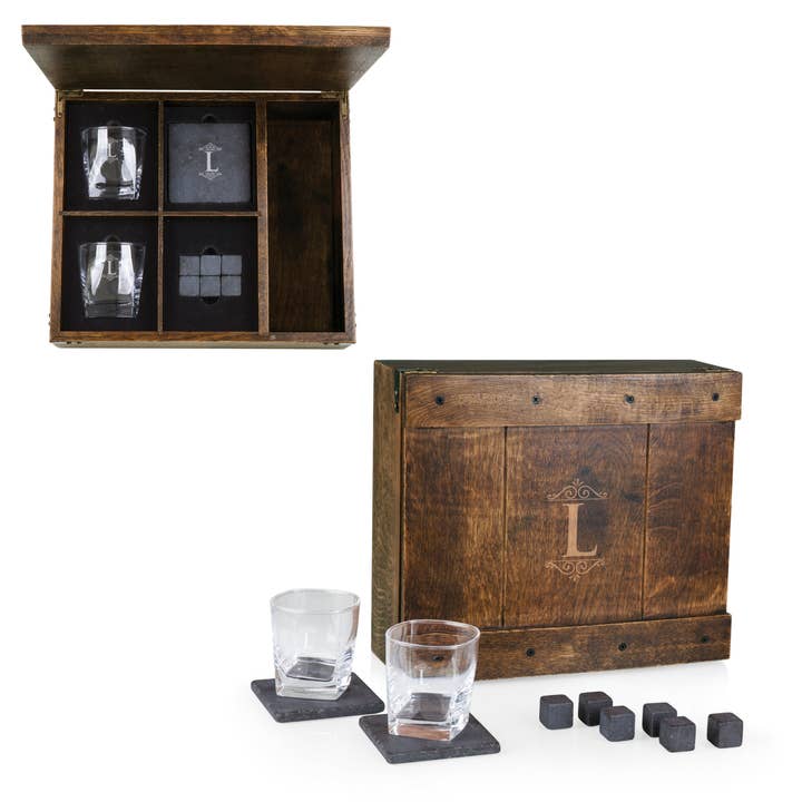 Oak Wood Whiskey Box Gift Set - Monogram for wholesale on Faire33