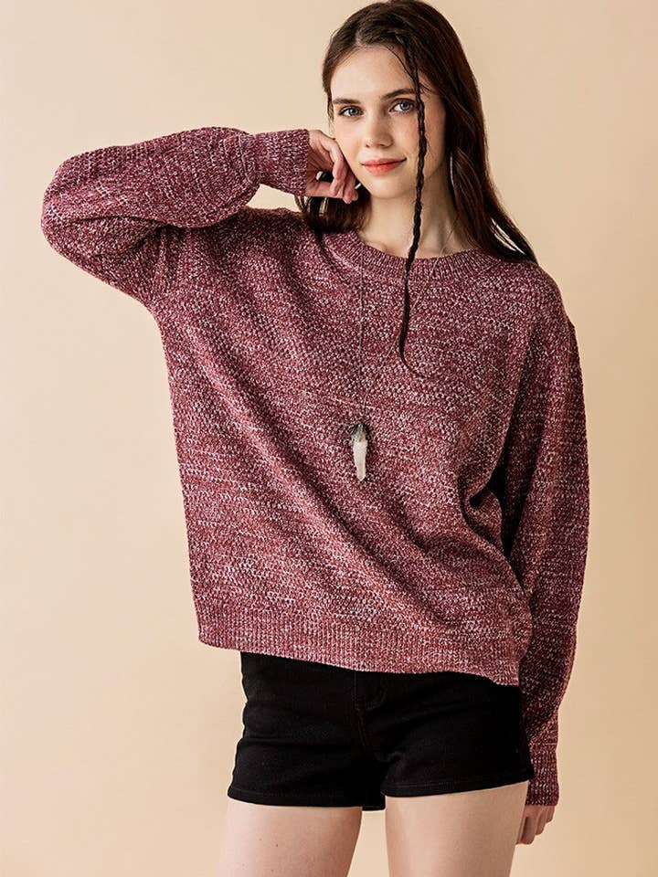 noflik - Wholesale Knit Sweater - Women's - Plus Round Neck Balloon Sleeve Heather Sweater - INT1029P_1