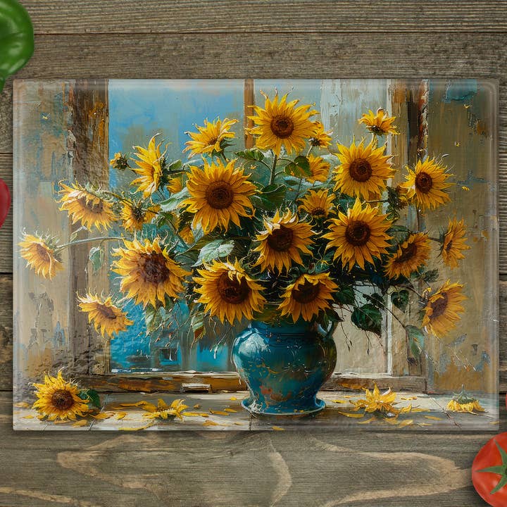 Sunflowers Vase Glass Cutting Board for wholesale by Beautiful Creations by Laney