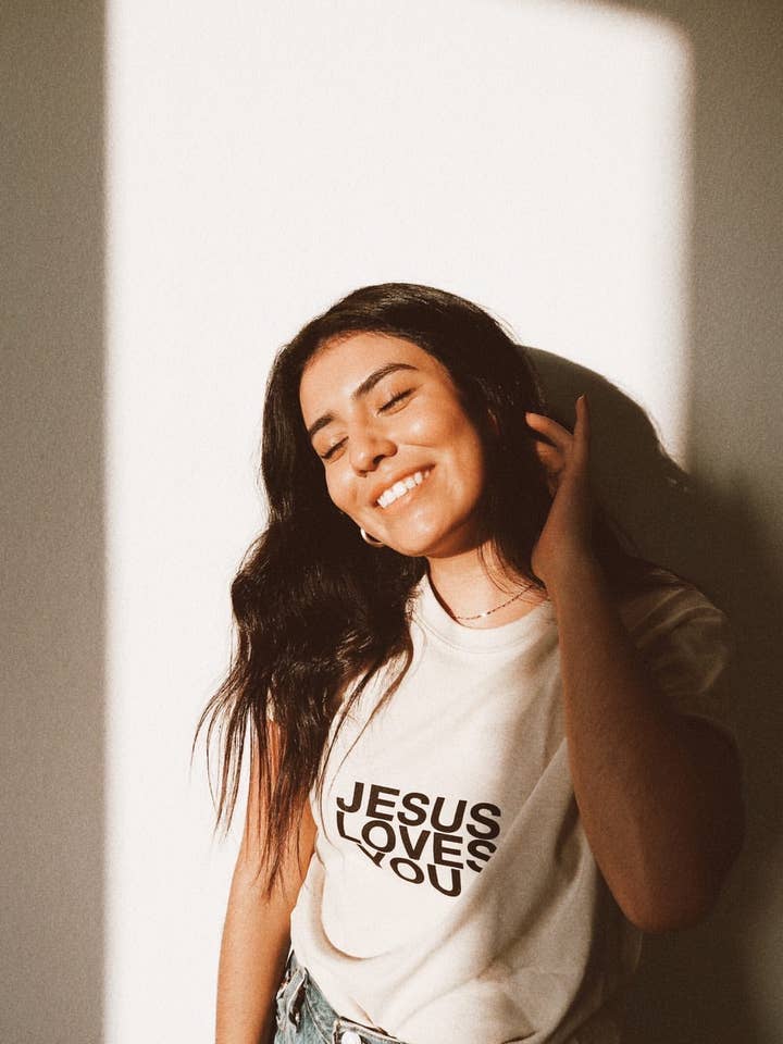 Jesus Loves You Company - Wholesale Screen Printed T-Shirt - Unisex - Sand Tan Logo Tee (#1 Seller)