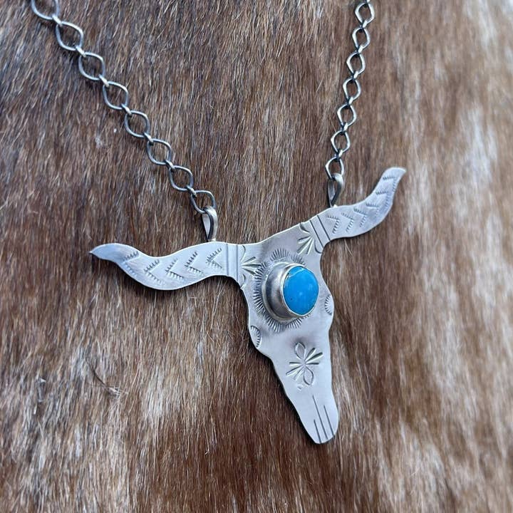 Native City Jewelry - Wholesale Pendant/charm necklace - Navajo Handmade Sterling Silver Kingman Turquoise Longhorn Necklace By Betta Lee1