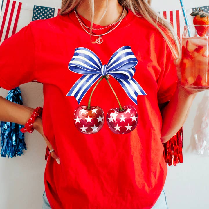 Shoppe SHC - Wholesale T-Shirt (Graphic) - Women's - Coquette Cherries  July 4th Graphic Shirt | Comfort Color