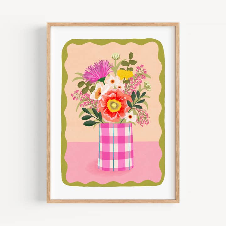 Natalie Lea Owen – Handmade Jewellery & Greeting Cards - Wholesale Art Print - Flowers in Gingham Vase Print | Pink, Hand-drawn, Cute Art3