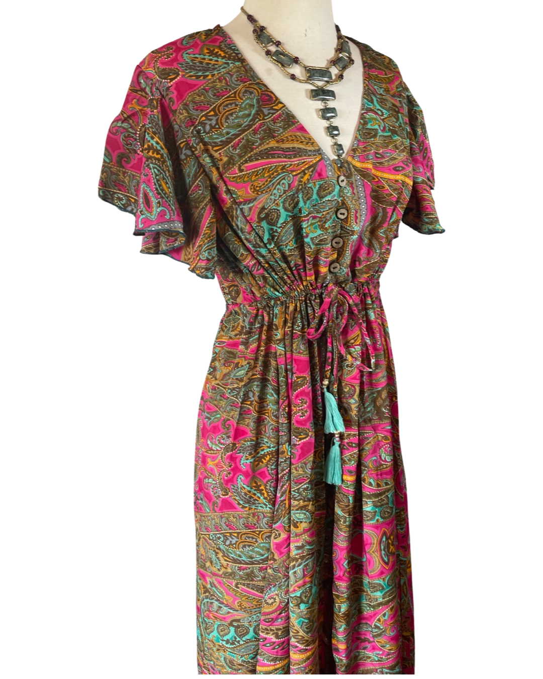 Pink and Silver - Venta al por mayor Vestido - Mujer - Vestido maxi de seda con volantes y mangas de mariposa (fucsia-marrón)3