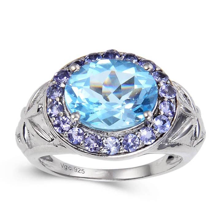 Bague cocktail en argent sterling avec topaze bleue et tanzanite pour la vente par FCJ Jewelry LLC