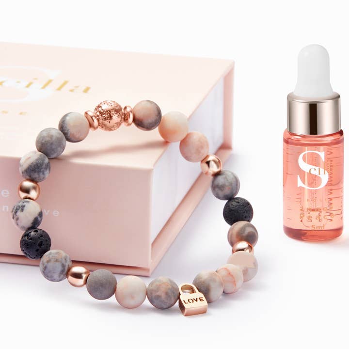 Anxiety Bracelet for Women, Pink Zebra Jasper, Lava Rock Bracelet Diffuser with Love Charm for wholesale by Scilla Rose