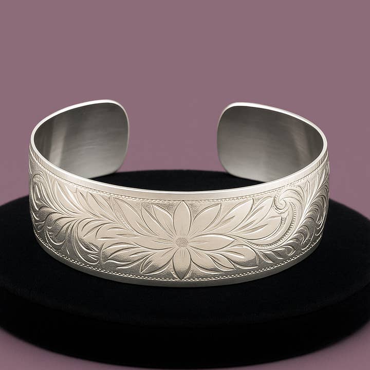 Vintage Birks Sterling Silver Floral Engraved Cuff Bracelet for wholesale by Wilde Aesthetics