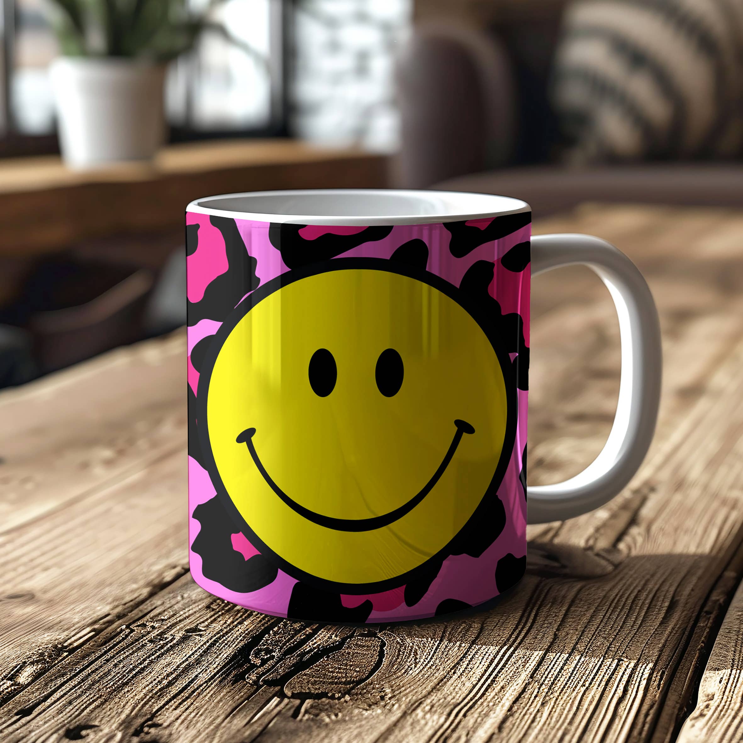 Love Frankie - Wholesale Coffee Mug - Leopard Print Smiley Face Mugs - 3 Colours Available3