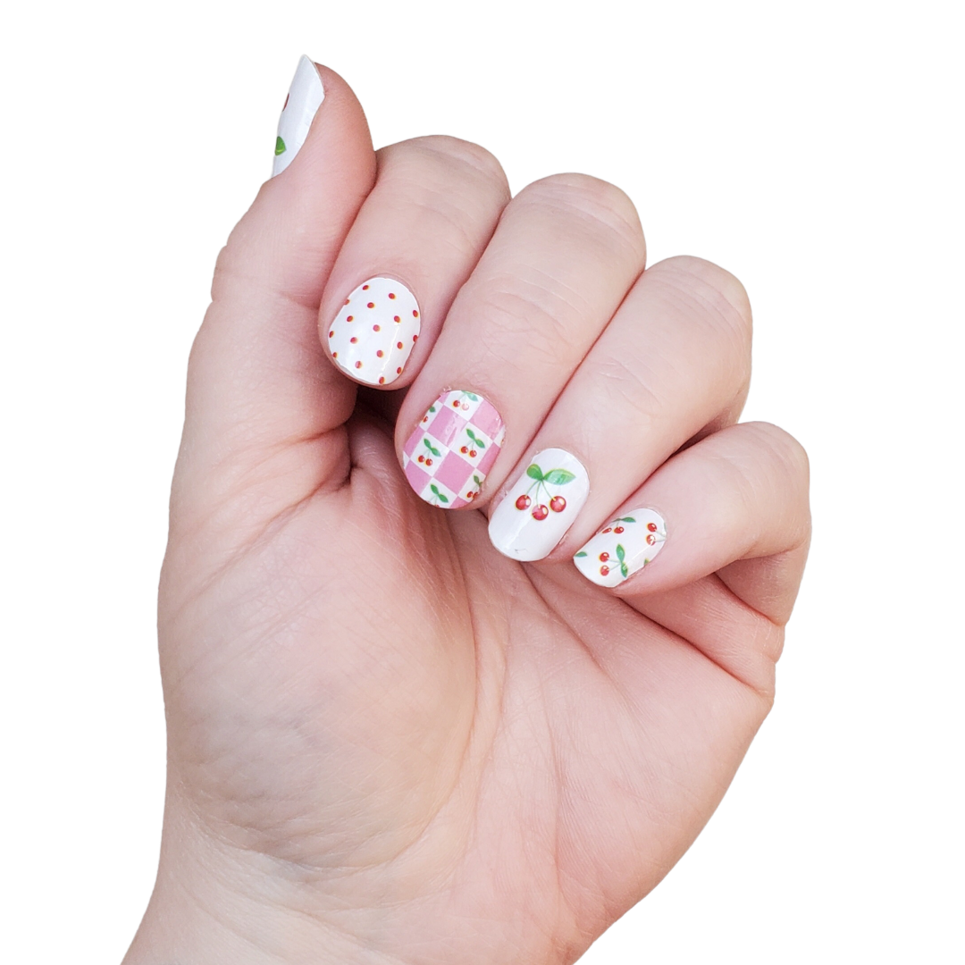 Ivy & Ash - Wholesale Nail Art/Decal - Cherry Bomb | Retro Cherry Print Pink Check Nail Wrap Set1