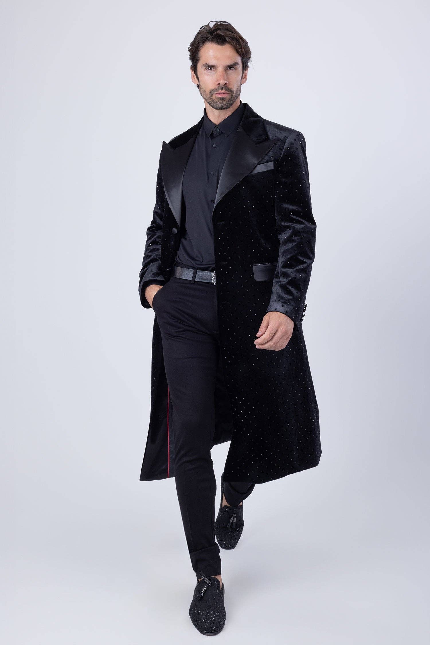 BARABAS - Wholesale Coat - Men's - Men's Rhinestone Velvet Peak Lapel Long Coat 4LBL490