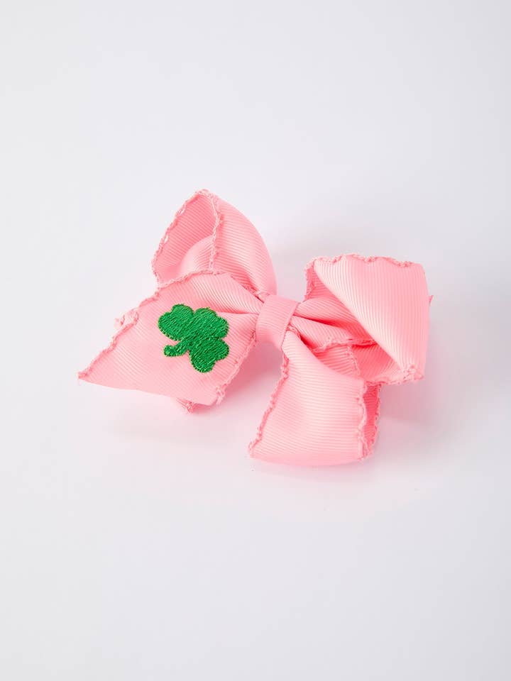 St. Patrick Shamrock Pink Hair Bow – Lucky Girls Hair Clip for wholesale by Rylee Faith Designs